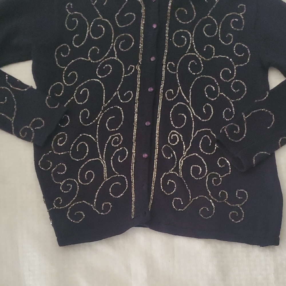 Embellished Navy Women's Cardigan with Velvet Collar - Picture 3 of 12